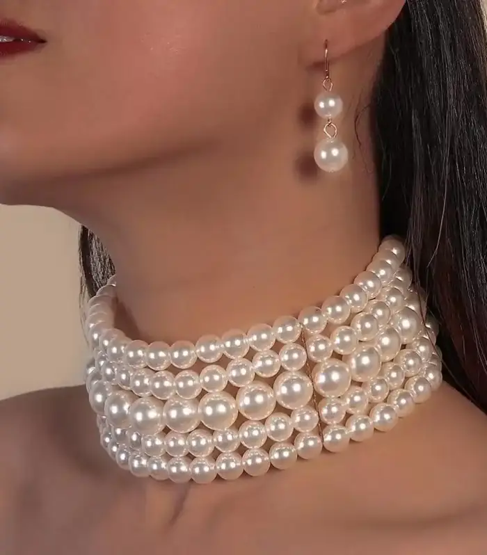 Multi-Strand Faux Pearl Choker and Drop Earring Set