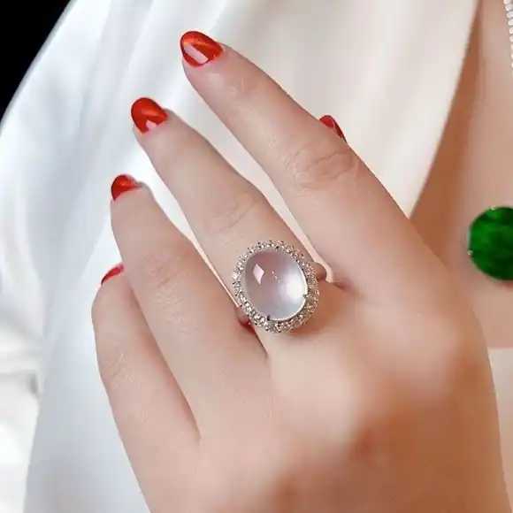 Oval Moonstone Cabochon Halo CZ Ring