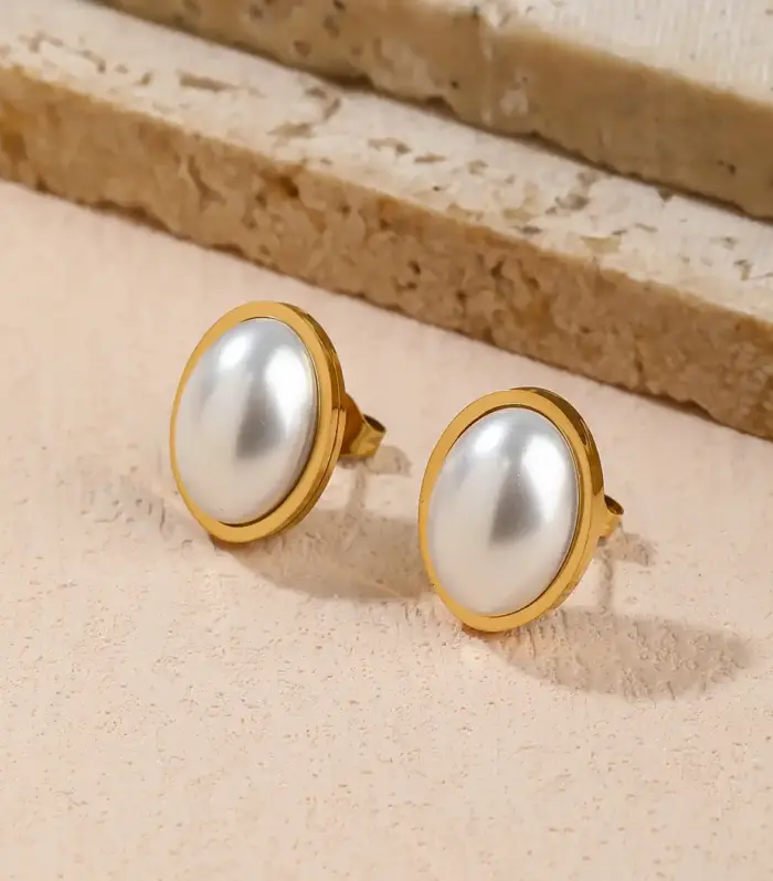 Oversized Oval Cabochon Pearl Stud Earrings, Gold-Tone Bezel