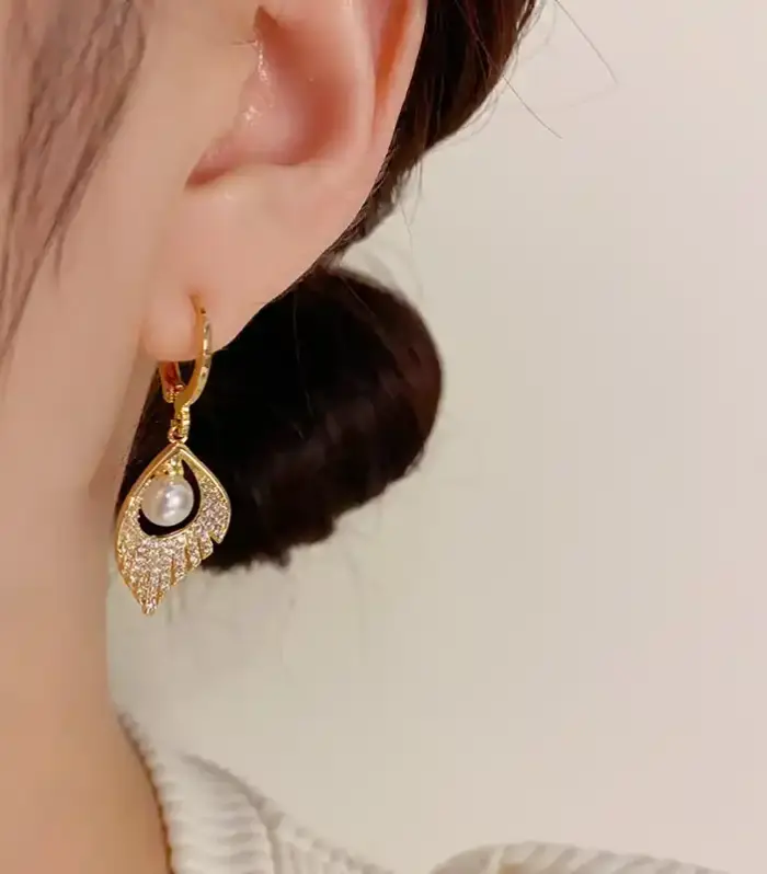 Pavé Leaf Pearl Drop Huggie Hoop Earrings, Gold-Tone