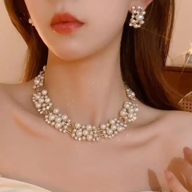 Pearl Cluster Choker Necklace & Crystal Stud Earring Set
