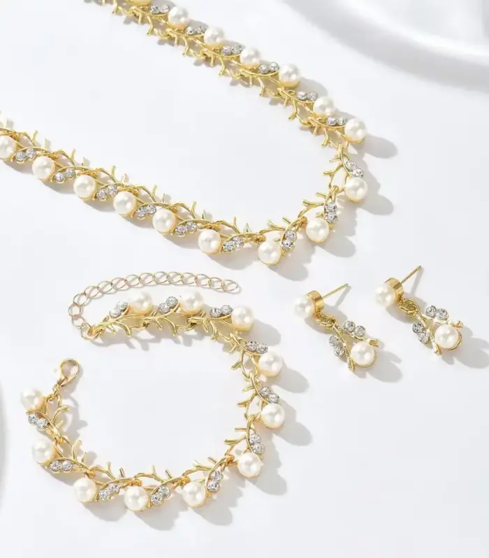 Pearl & Crystal Twig Necklace, Bracelet and Drop Earring Set