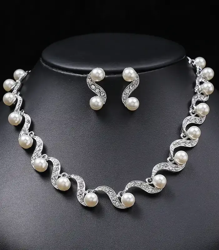 Pearl & Crystal Wave Bridal Necklace and Earring Set
