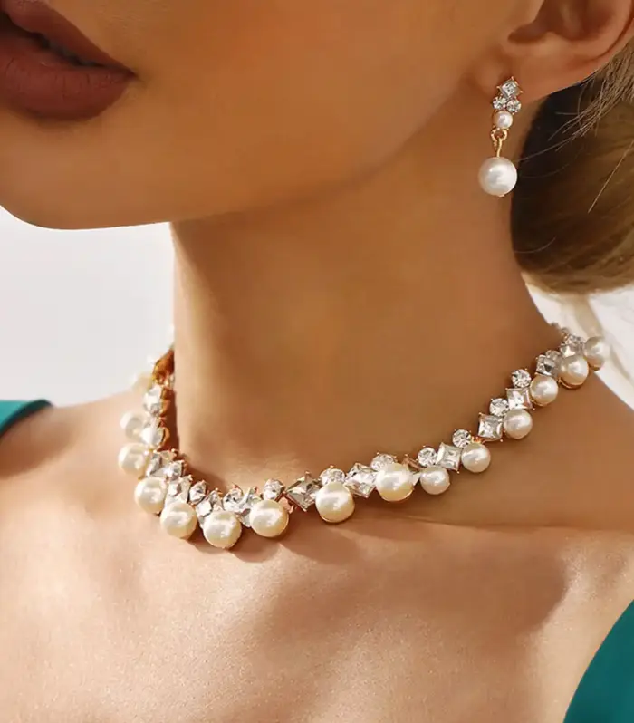 Pearl & Mixed-Cut Crystal Cluster Necklace and Drop Earring Set