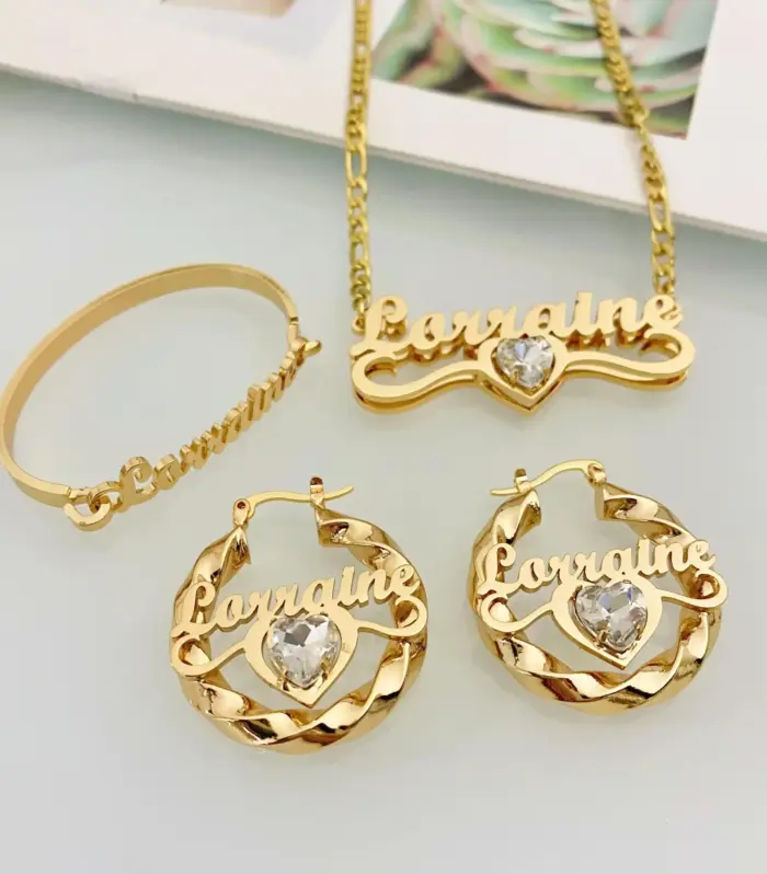 Personalised Name Jewellery Set — Necklace, Earrings & Bangle With Birthstone