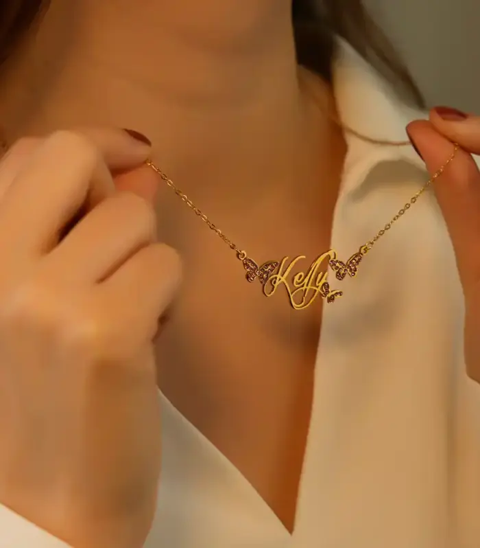 Personalised Name Necklace With Crystal Butterfly Charms
