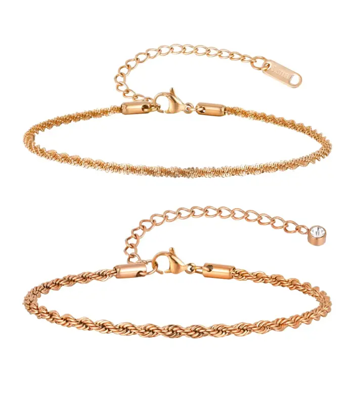 Rose Gold Rope and Sparkle Chain Anklet Set