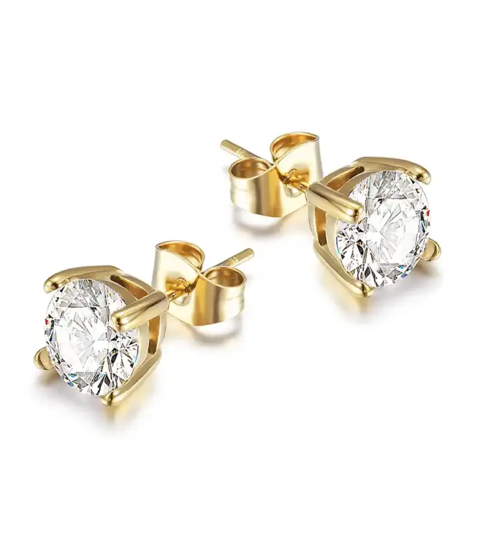 Round Brilliant CZ Stud Earrings, Modern Bar Setting, Gold