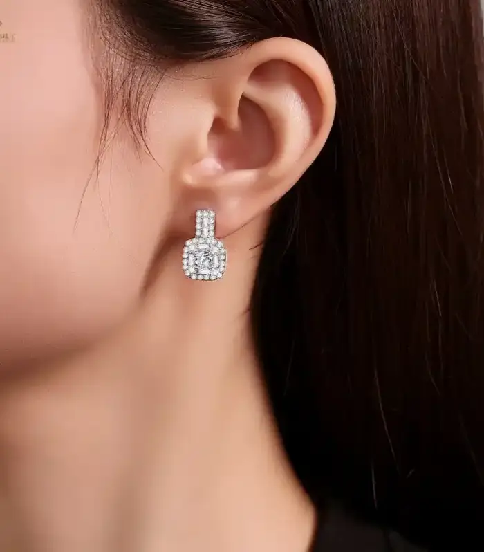 Round Moissanite Cushion Halo Stud Earrings, Baguette Detail