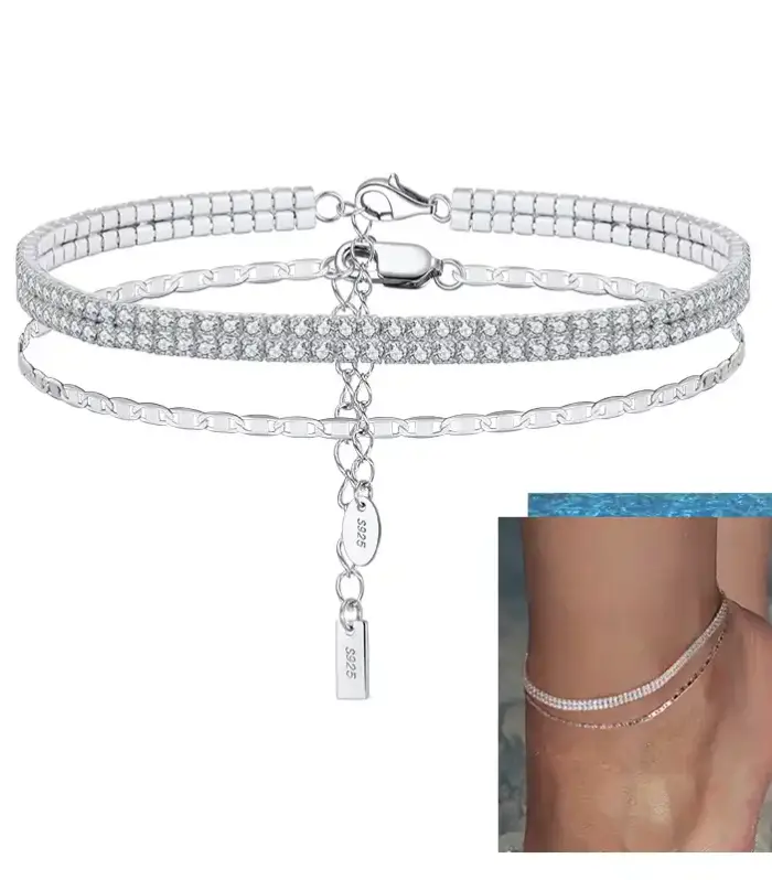 S925 Sterling Silver Double-Row CZ & Chain Anklet Set