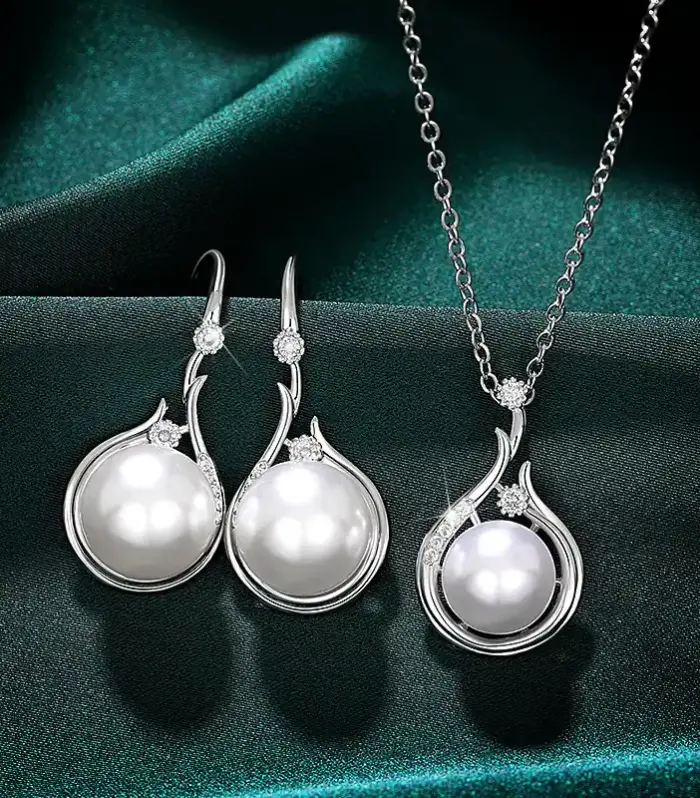 Silver-Tone Pearl Pendant Necklace & Crystal Hook Earring Set