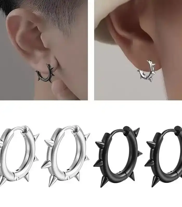 Spike Huggie Hoop Earrings, Stainless Steel, Unisex