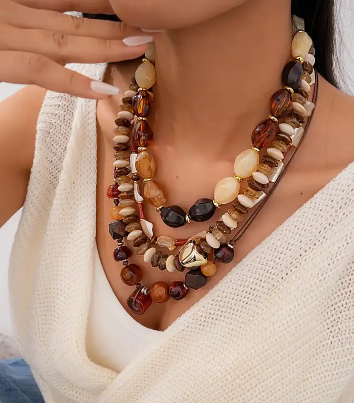 Three-Layer Mixed Bead Statement Necklace Set