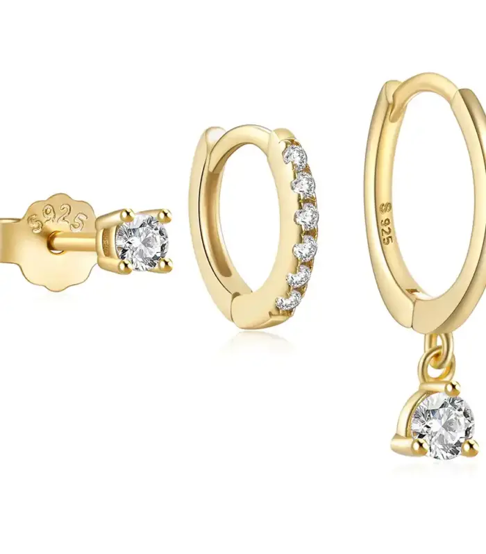 Three-Piece Stud, Huggie & Drop Hoop Earring Set, S925 Silver