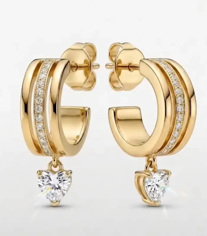 Triple-Band Pavé Hoop Earrings with Heart Crystal Drop, Gold