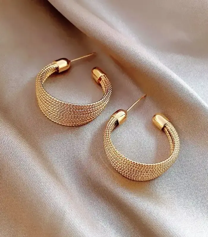 Wide Mesh-Textured Gold-Tone Hoop Earrings